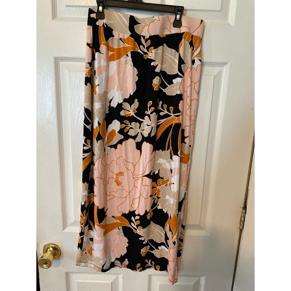 Liz Claiborne Floral Maxi Skirt Black Pink Orange Side Slit Stretch Size‎ Small